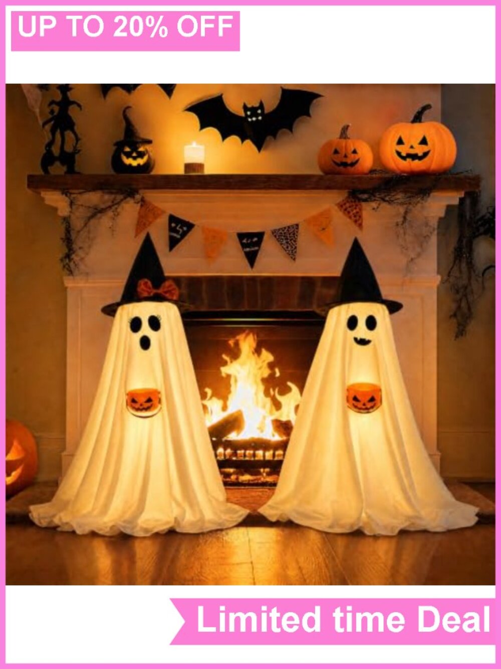 2 Pack Lighted Halloween Ghosts Witch Hats Pumpkin Buckets Floor Decor